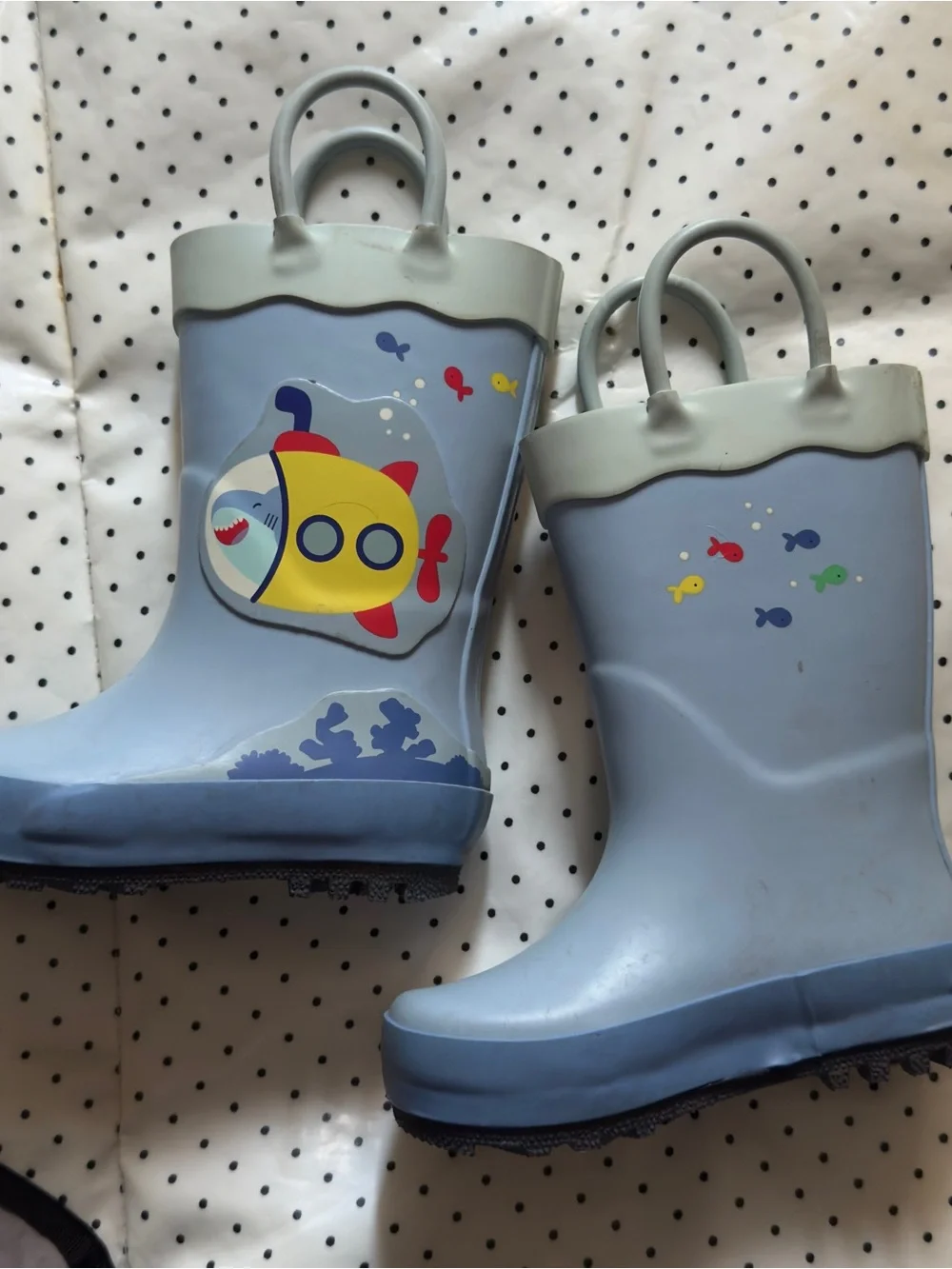Cat & Jack Light Blue Kids Rain Boots with Yellow Submarine and Fish